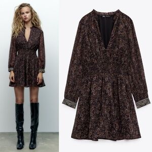 Zara Floral Smocked Waist Long Sleeve Mini Dress Womens XS New NWT